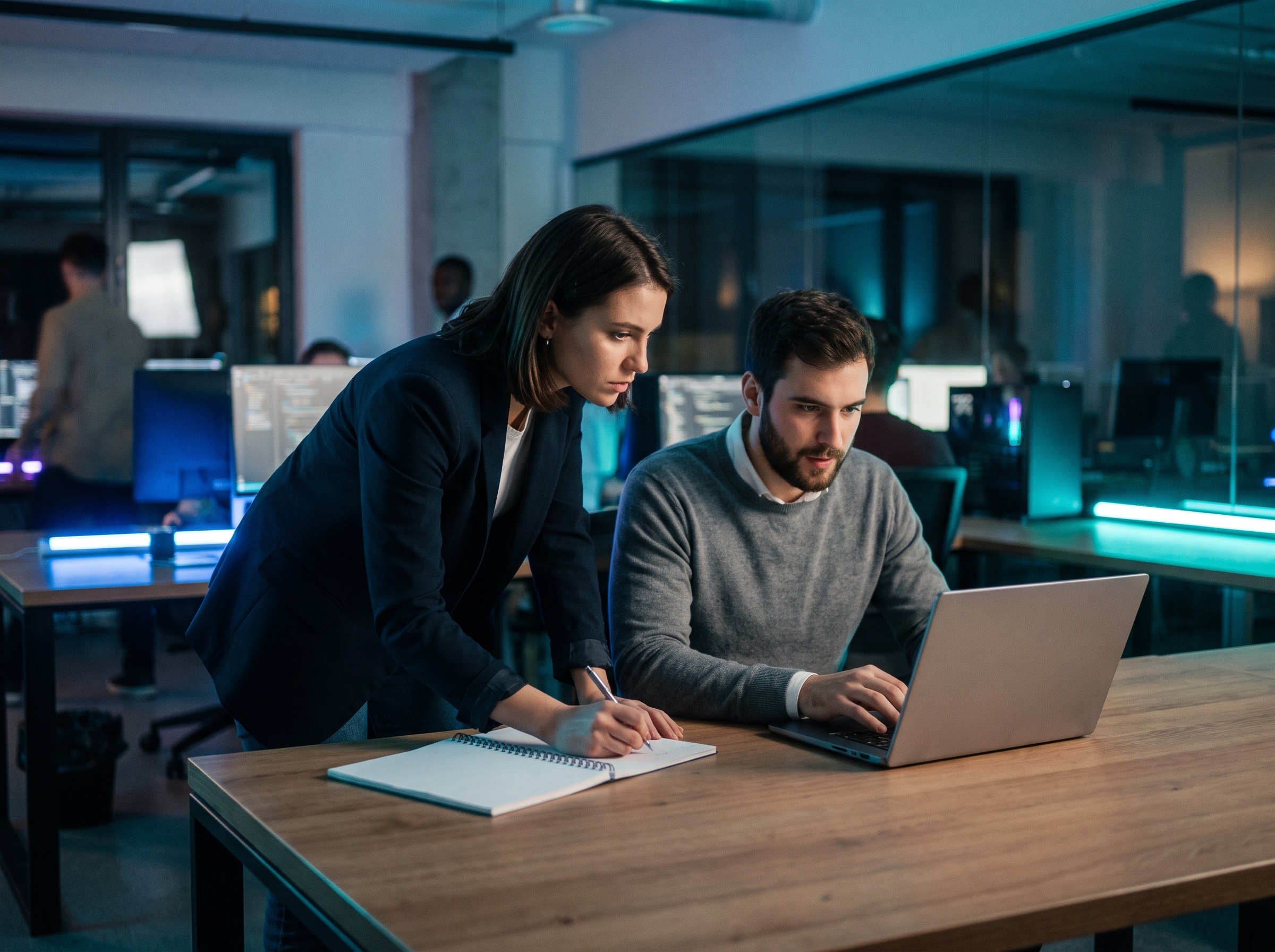 Dos profesionales jóvenes colaborando con un notebook y un laptop en un espacio de trabajo moderno