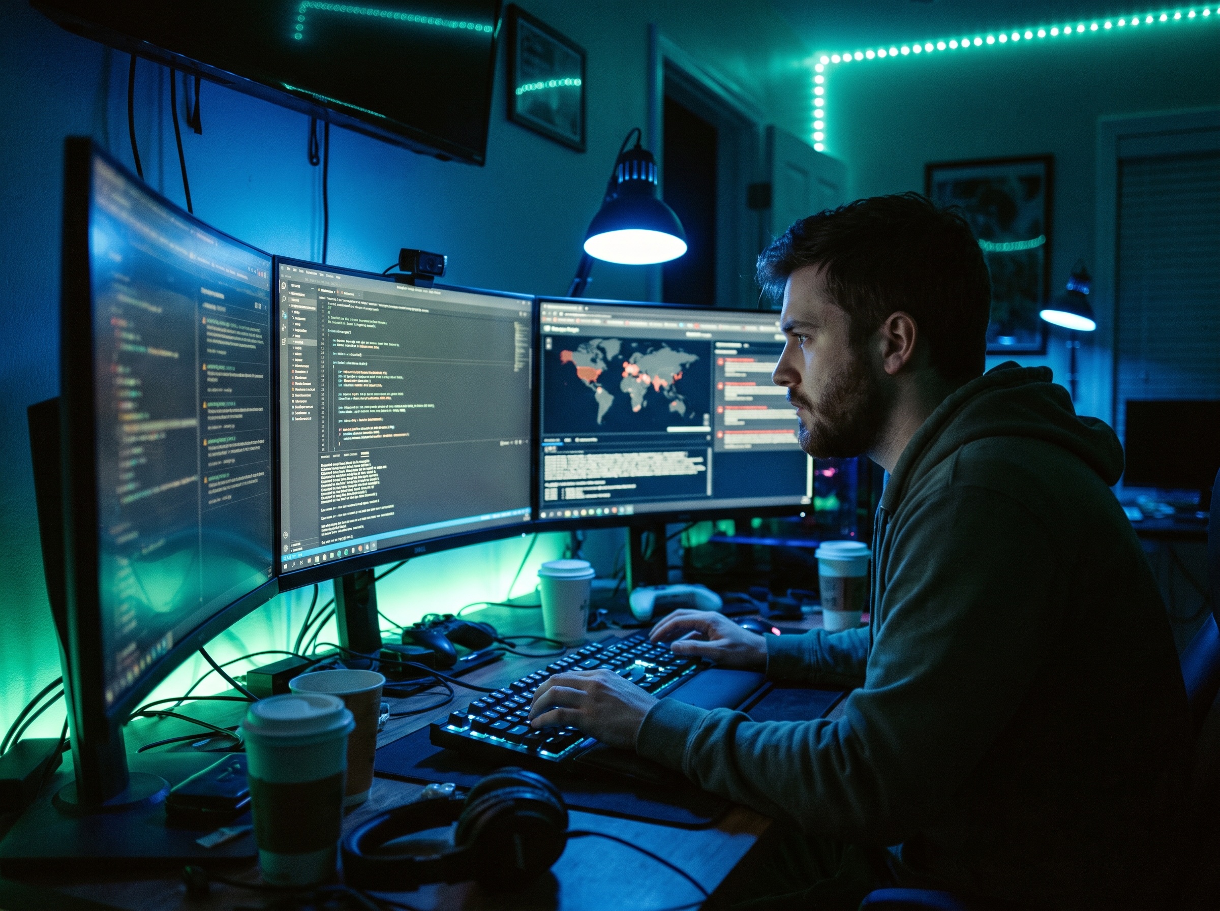 Analista de ciberseguridad trabajando en un setup multi-monitor con código y dashboards de seguridad
