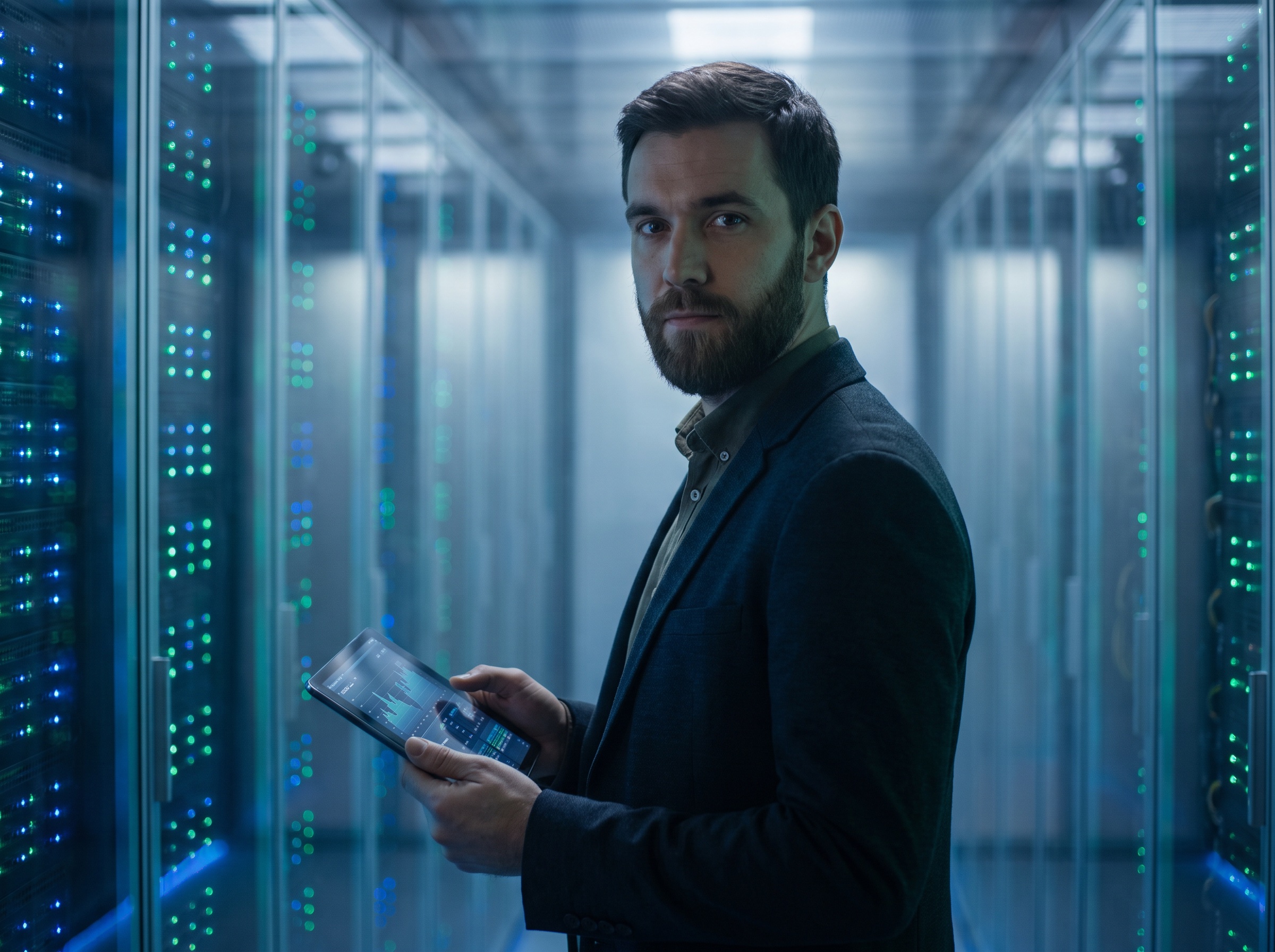 Ingeniero revisando infraestructura cloud en un data center con racks iluminados