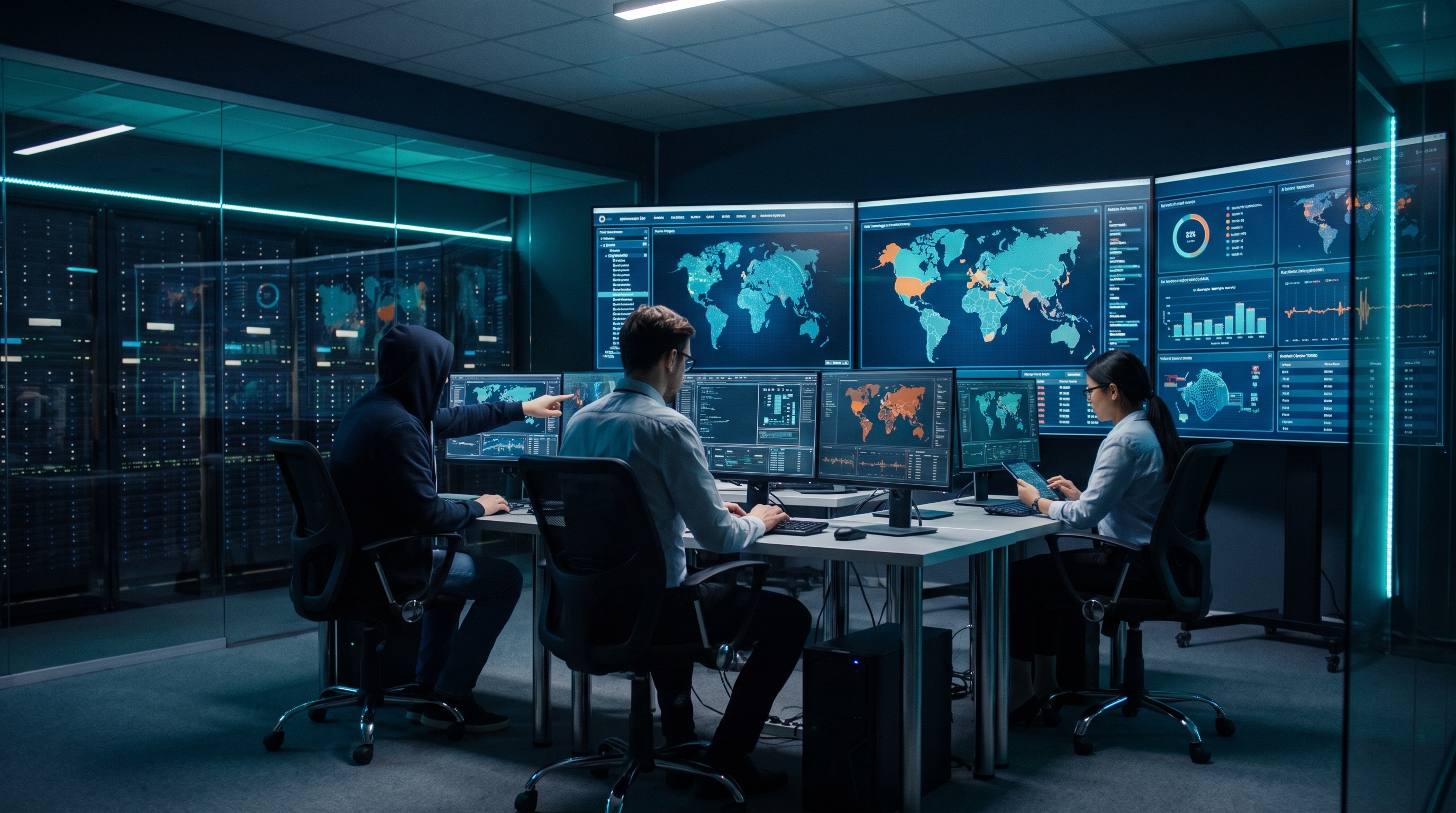 Equipo de profesionales del CyberSOC de Resility monitoreando amenazas en tiempo real sobre múltiples pantallas de operaciones